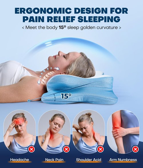 5X Pain Relief Cervical Neck Pillow for Neck Support, Ergonomic Cooling Side Sleeper Pillow for Sleeping, Odorless Contour Memory Foam Pillows, Bed Pillow for Side Back Stomach Sleeper