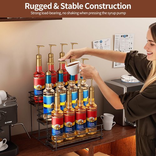 Nuovoware Coffee Syrup Organizer, 3-Tier 12 Bottles Bar Organizer, Separable Metal Rack with Wooden Base Whiskey Wine Dressing for Countertop Kitchen Coffee Bar, Black