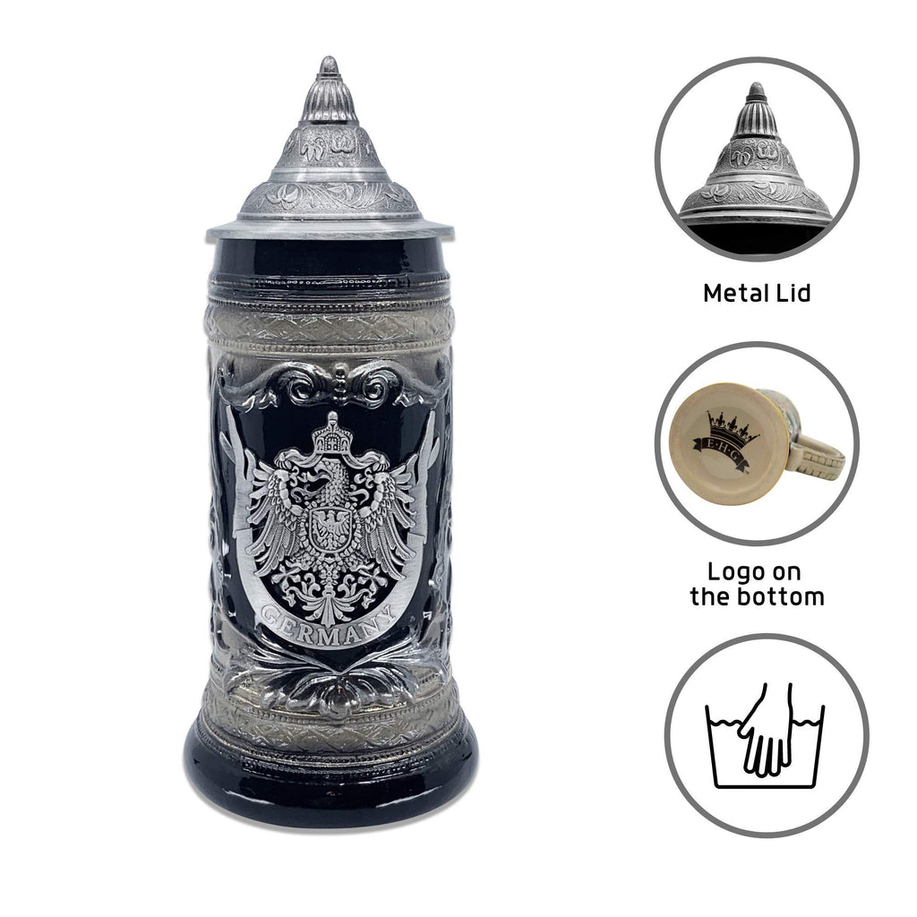 OktoberfestHaus German Adler (Eagle) Stein Mug With Lid - 1 Liter Charcoal Black Ceramic Beer Stein With Metal Emblem - Collectible Bier Krug for Men, Beer Lovers Gift