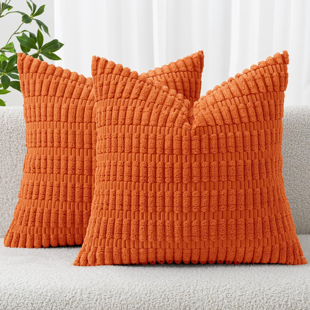 MIULEE Decorative Pillow Covers - Soft Orange Corduroy | Pack of 2, 18x18 Inch, Boho Striped Design for Home Decor