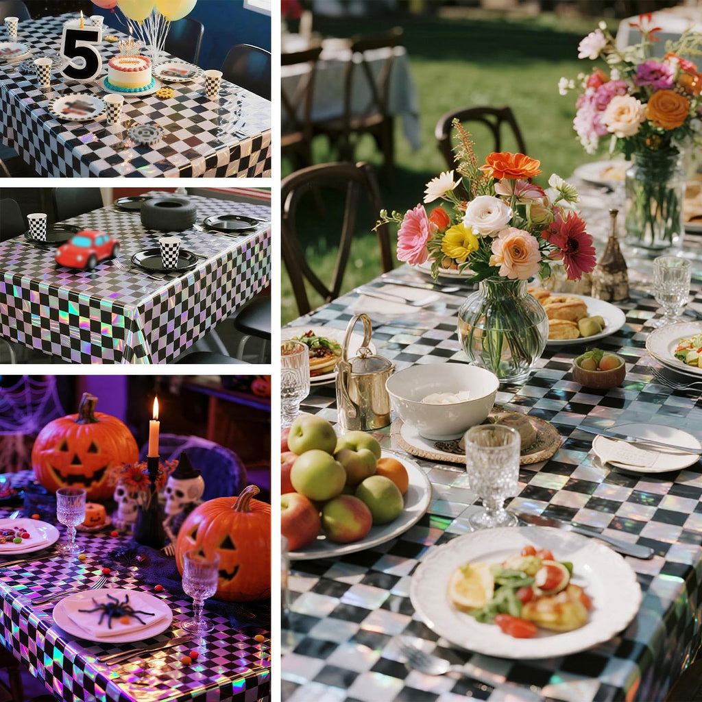 SAJOO 3 Packs Black Checkered Iridescent Tablecloth 54 x 108 Inch Holographic Foil Table Cloth Shiny Disposable Laser Rectangle Plastic Table Cover for Picnic Camping
