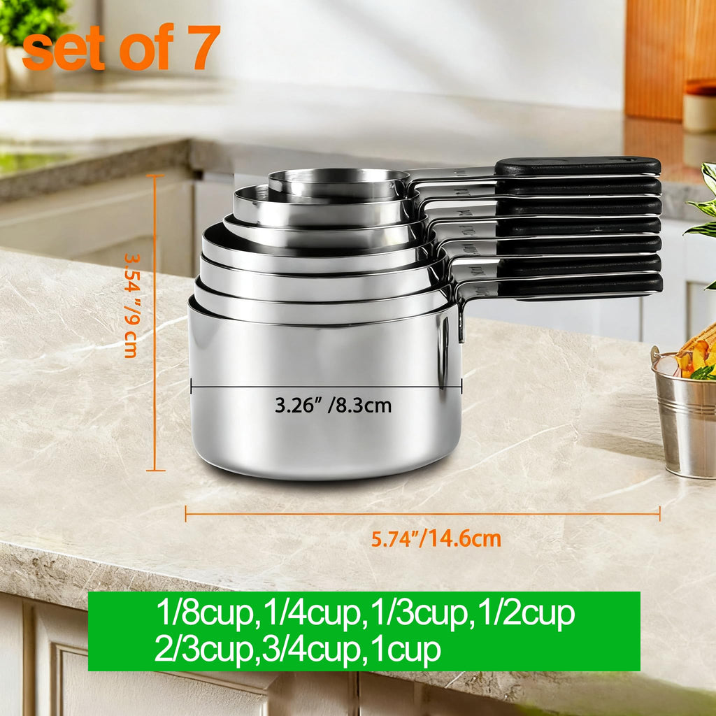Magnetic Handles 7 Piece Stainless Steel Measuring Cups, Black, Kitchen Gadgets for Measure Liquid and Dry Ingredients, Cooking & Baking