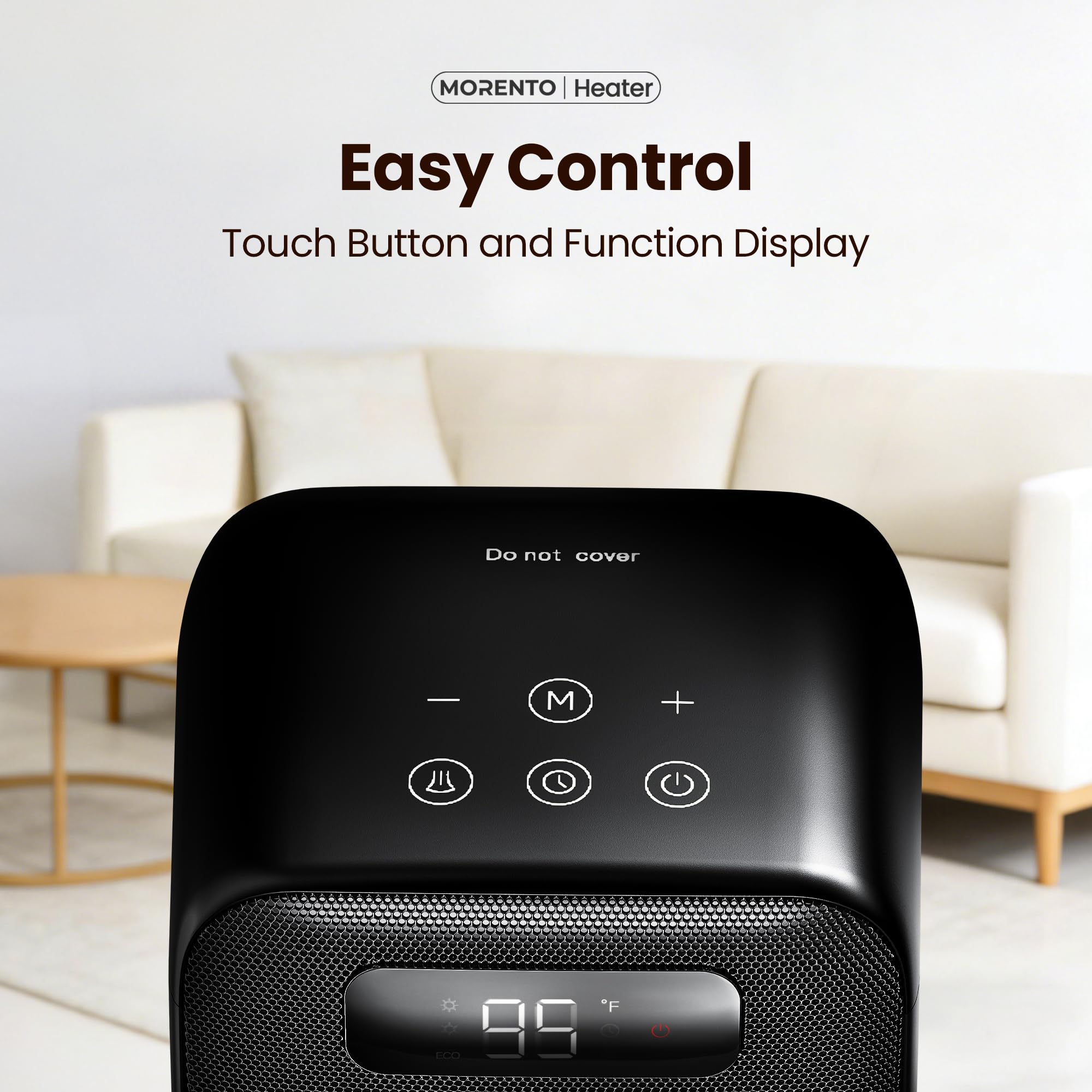 MORENTO Space Heater, 70° Oscillation, LED Display, 12H Timer, Thermostat, Overheat Protection, ECO, Small Space Heaters for Indoor Use, 1500W Ceramic, Heater for Bedroom, Office, Home (Black, 1 Pack)