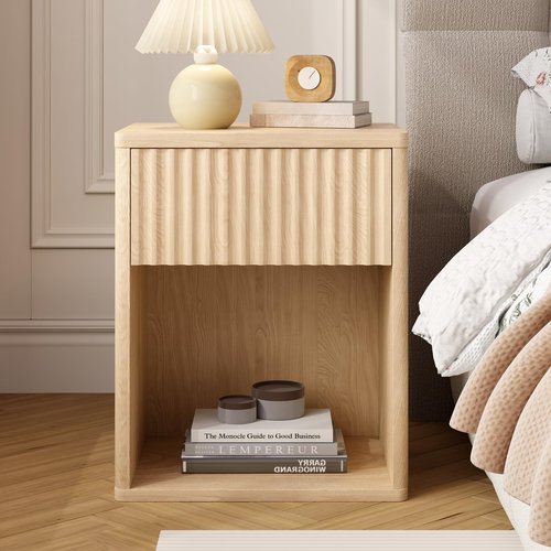 Fluted Nightstands Set of 2, Wooden End Table Bed Side Table with Curved Drawer, Mid Century Modern Fluted Night Stand with Rounded Edge for Bedroom, Living Room Sofa, Nature Oak