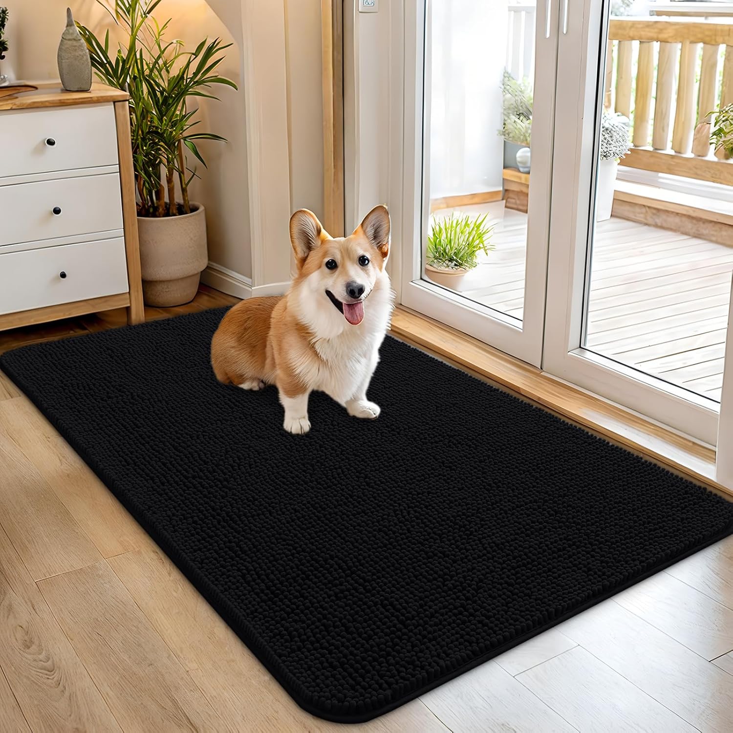 OLANLY Dog Door Mat - Absorbent Non-Slip Washable Doormat for Muddy Paws | 45x27 Black Chenille Carpet