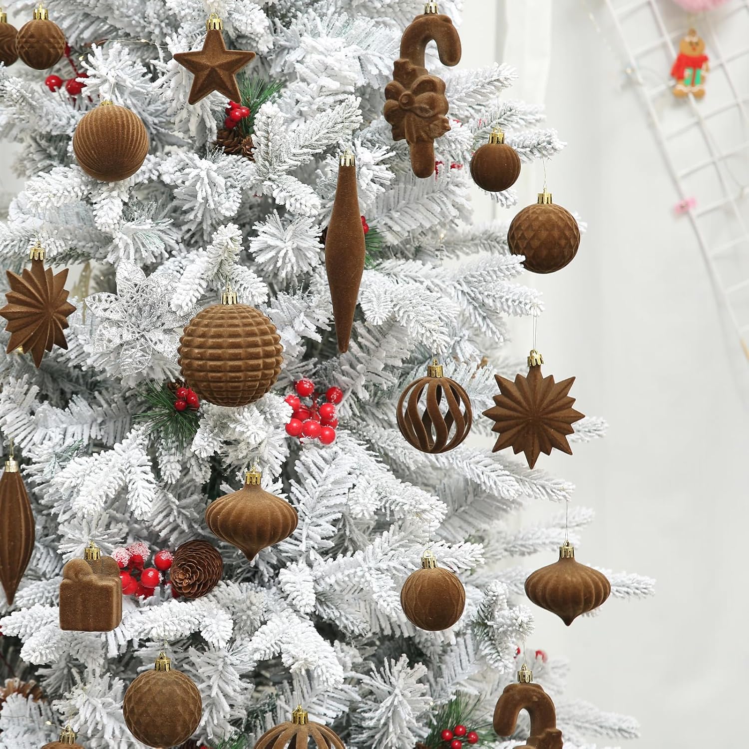 Regine Switzerland Brown Velvet Christmas Balls - 50 Pcs Flocked Ornaments for Tree & Holiday Decor