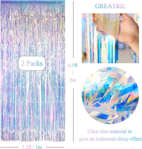 GREATRIL Iridescent Party Streamers Backdrop - Purple & Pink Banner for Stunning Party Decor