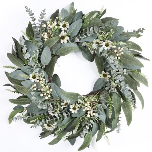 26 Inches Large Eucalyptus Spring Wreaths for Front Door,Artificial Greenery Summer Wreath with Berries White Flower Daisy,Easter Valentines Farmhouse Porch Wall Home Indoor Outdoor Décor
