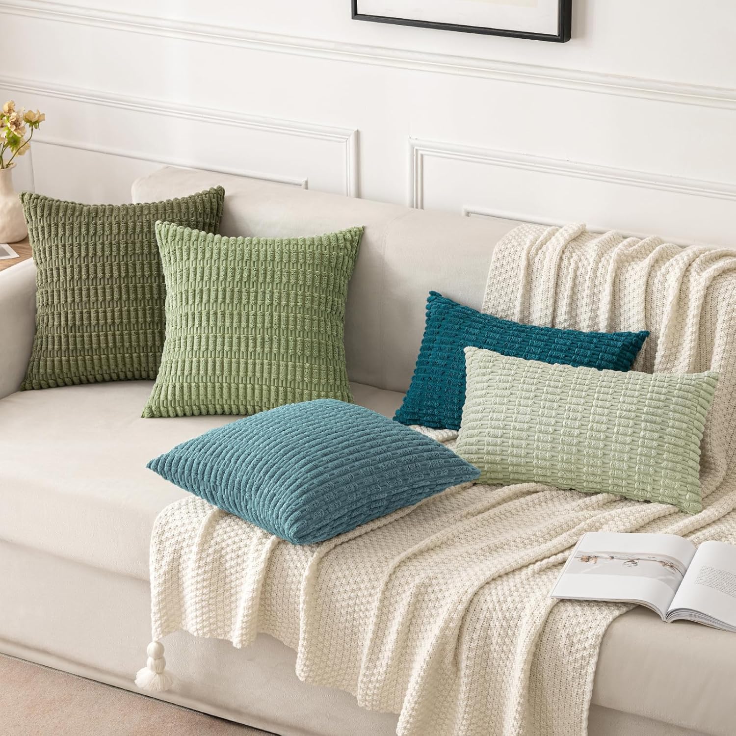 MIULEE Corduroy Throw Pillow Covers - Soft Boho Striped Design | 16x16 Inch Coastal Blue for Modern Home Decor