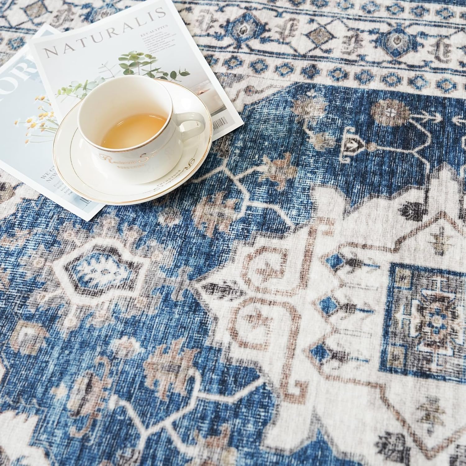 Skiennix Non-Slip Entryway Area Rug - Washable Stain Resistant Kitchen Carpet | Vintage 2x4 Blue Mat