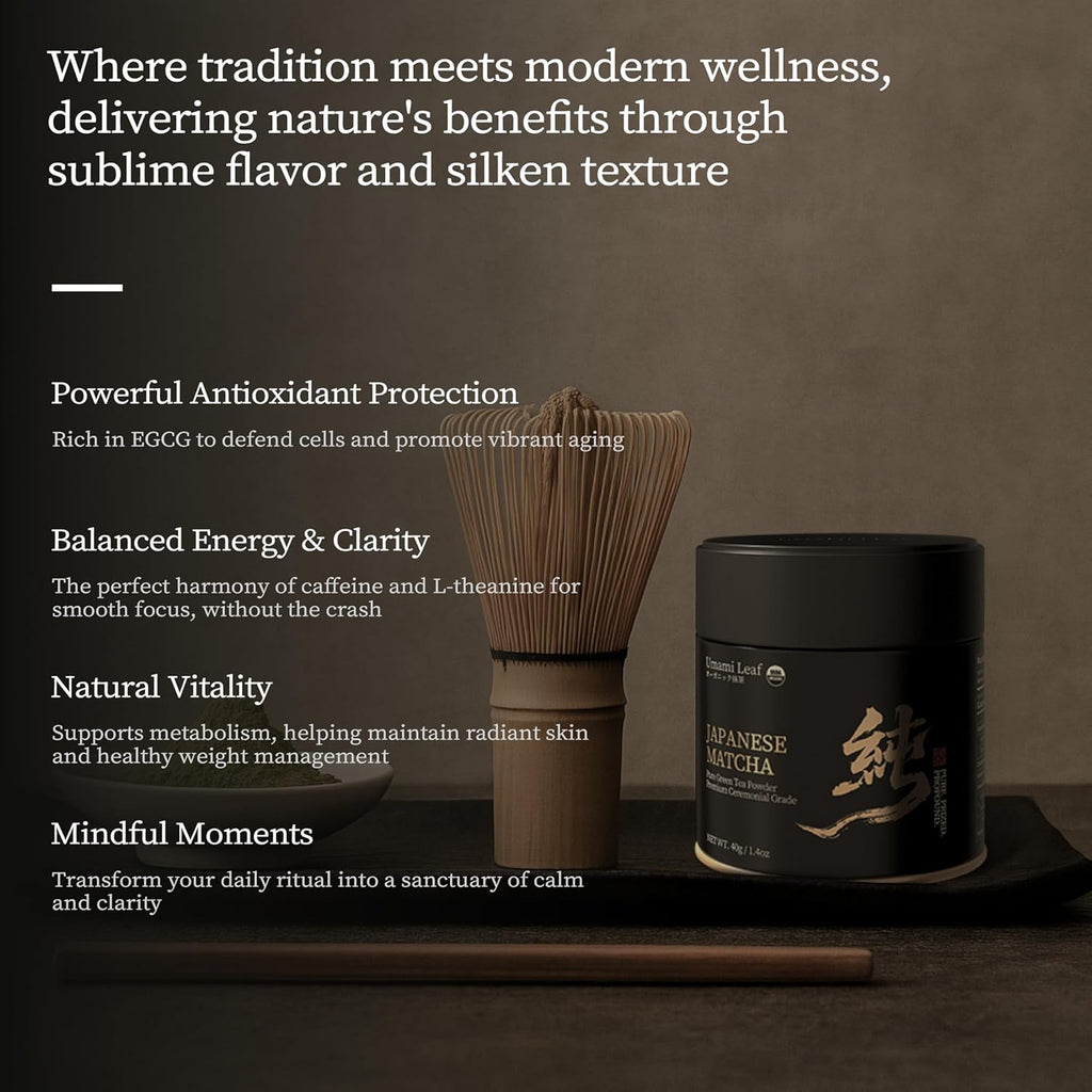Umami Leaf Organic Japanese Ceremonial Grade Matcha - 100% Pure Green Tea Powder, USDA Certified, Authentic Uji Origin (40g / 1.4oz Tin)