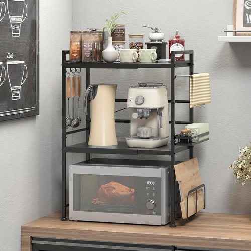 DOLALIKE Microwave Oven Rack - Expandable Countertop Storage with 6 Hooks | Durable Carbon Steel Design
