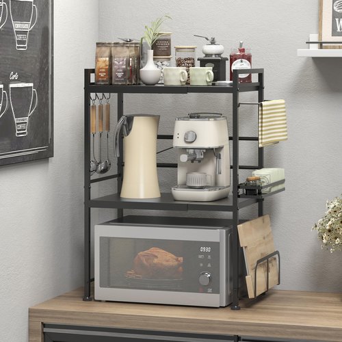 DOLALIKE Microwave Oven Rack, Expandable Microwave Stand Countertop Kitchen Utensils Tableware Storage, Carbon Steel Over Microwave Shelf Countertop with 6 Hooks