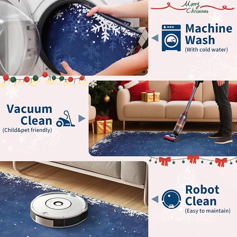 5' x 7' Xmas Snow Blue Non-Slip Area Rug - Machine Washable Holiday Living Room Carpet