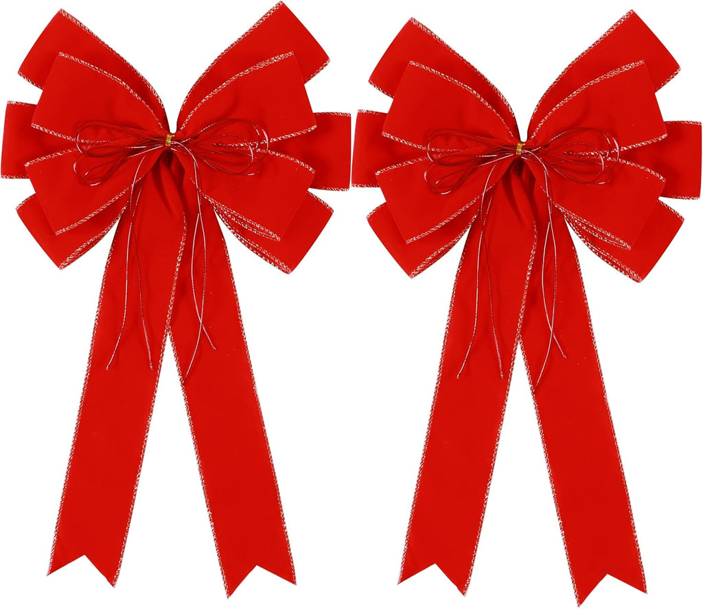 Regine Switzerland 2 Pack Red Christmas Bows - 12”x20” Large Velvet Wreath Bows with Glitter Gold Edge for Holiday Decor