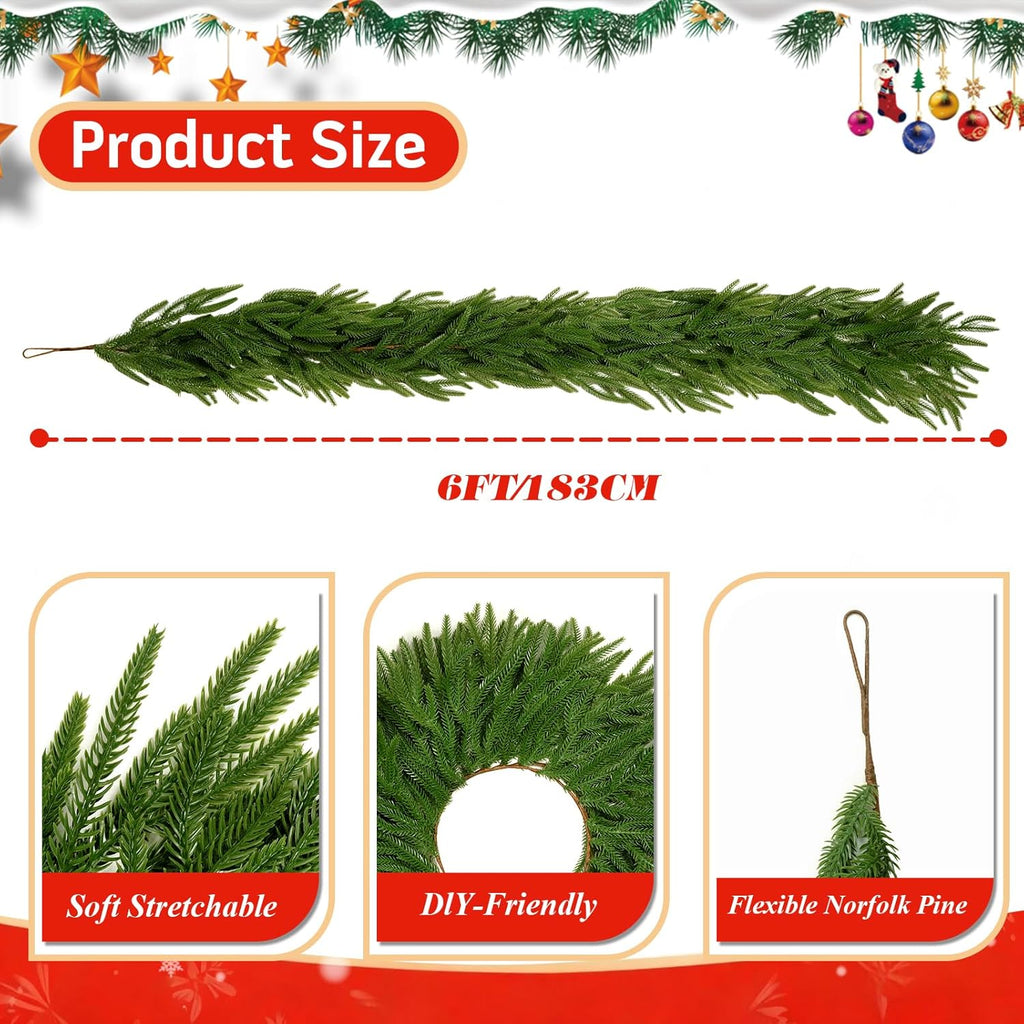 Regine Switzerland 12Ft Artificial Norfolk Pine Christmas Garland - Real Touch Green Decor for Indoor/Outdoor Holiday