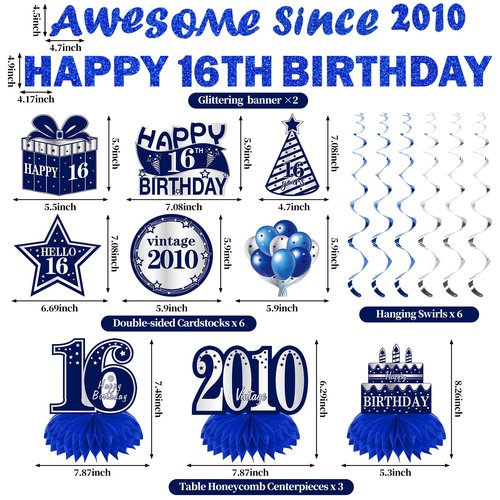 Kuxriox 11Pcs 16th Birthday Decorations Kit for Boys Men, Blue Sliver Happy 16th Birthday Banner, Awesome Since 2010 Centerpieces Swirls Party Supplies, Sixteen Bday Banner Ceiling Table Topper Sign