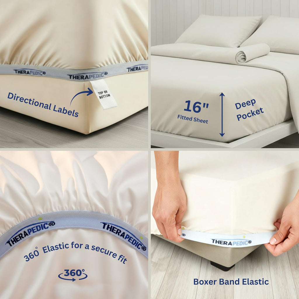 Therapedic 100% Egyptian Cotton Queen 6-Piece Sheet Set – Naturally Cooling & Breathable Sateen, Preshrunk Garment Wash, 16" Deep Pocket Fitted Sheet, Bonus Pillowcases, Soft & Durable - Fog