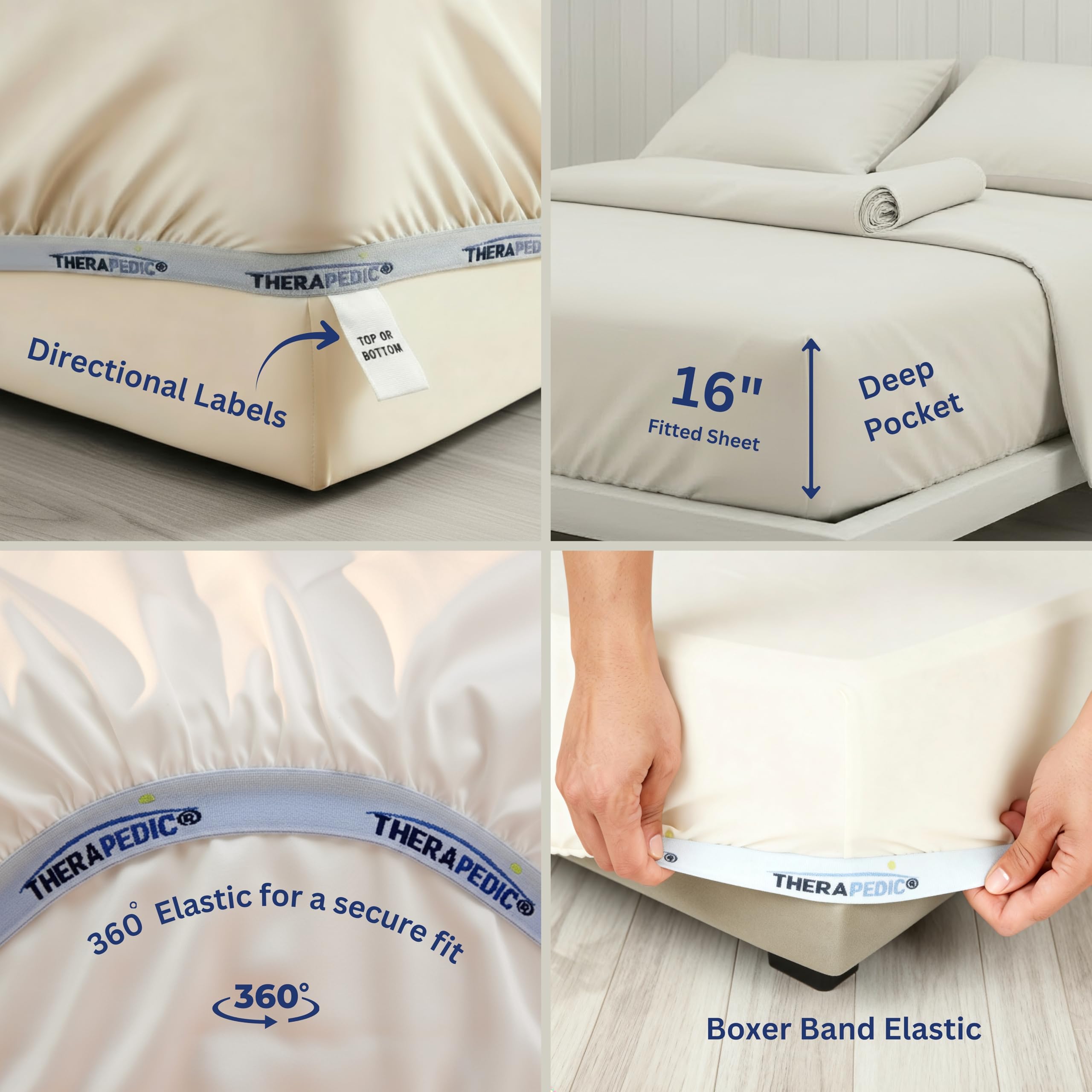 Therapedic 100% Egyptian Cotton Queen 6-Piece Sheet Set – Naturally Cooling & Breathable Sateen, Preshrunk Garment Wash, 16" Deep Pocket Fitted Sheet, Bonus Pillowcases, Soft & Durable - Fog