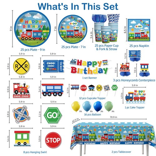 201 Pcs Train Birthday Decorations Train Plates and Napkins Birthday Party Supplies Banner Hanging Swirls Honeycomb Centerpieces Train Table Toppers Train Themed Party Decorations for Birthday
