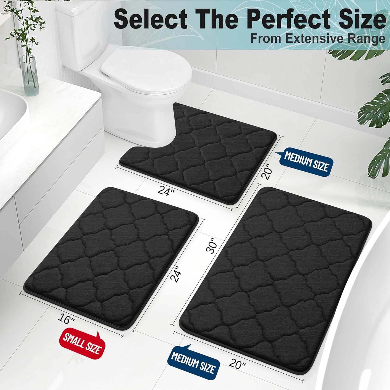 OLANLY Memory Foam Bath Mat - Ultra Soft, Absorbent & Non-Slip Rug | 24x16 Inches, Black