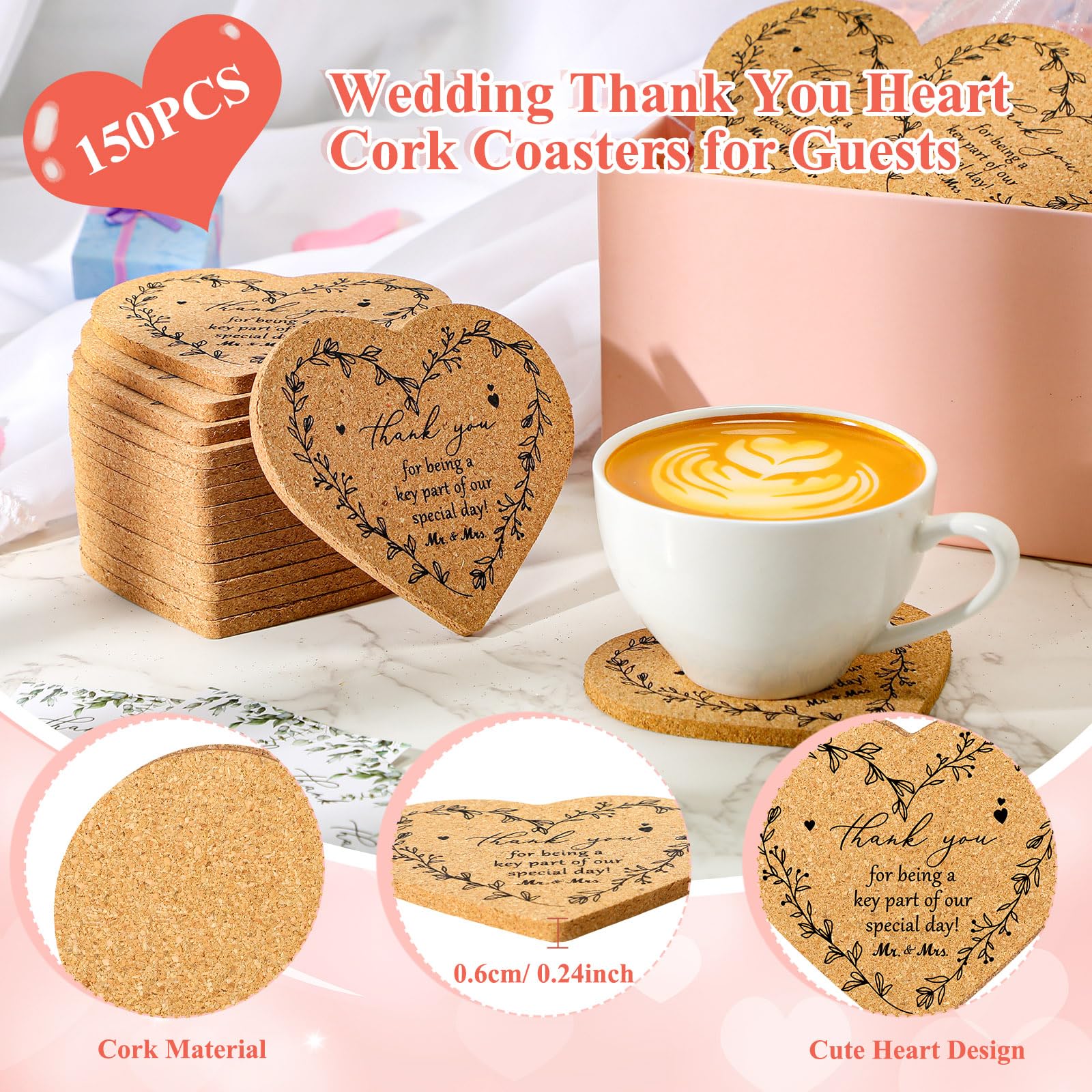 150 Sets Rustic Wedding Favor Coasters, Heart Cork Coasters for Guests, Mr & Mrs Coaster Favors with Thank You Cards & Organza Bags, Bridal Shower Party