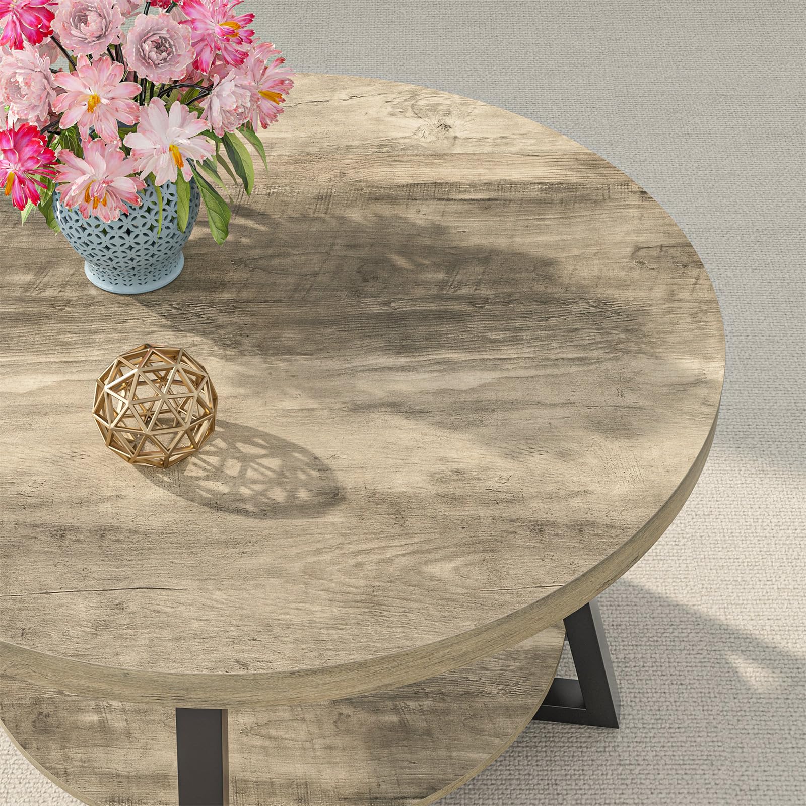 GreenForest Round Coffee Table with Storage, 30 inch Circle Center Tables for Living Room, Modern Sofa Table for Small Spaces, Home Office, Easy Assembly, Grey Wash