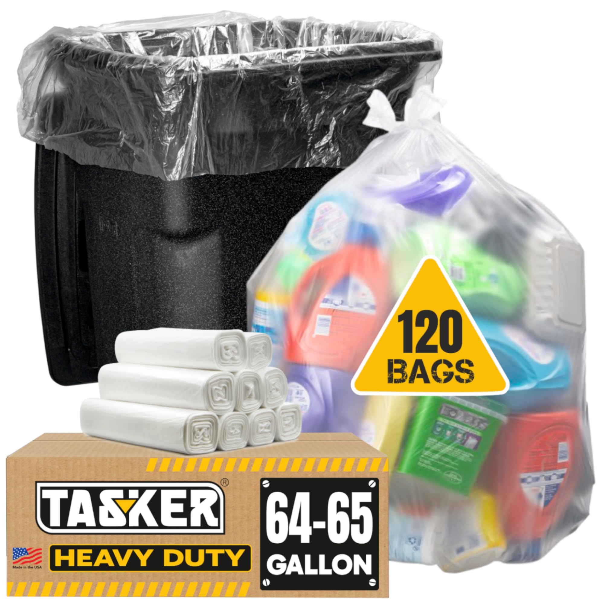 Tasker 64-65 Gallon Clear Trash Bags Heavy Duty, Recycling Bag (Huge 120 Count) 60 Gallon Clear Extra Large Recycling Garbage Bags