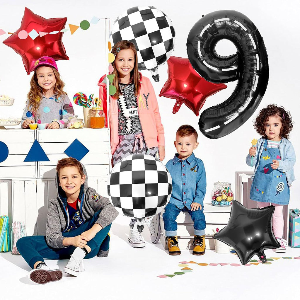 Race Car 9 Balloon - 40 Inch Checkered Star Balloon for Boys' 9th Birthday Party Supplies