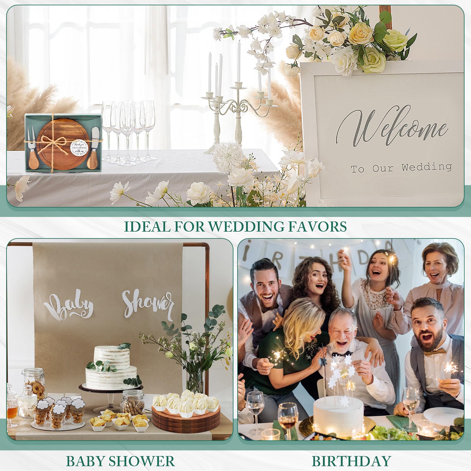 Maxcheck 12 Sets Baby Shower Bridal Game Prizes for Winners Round Cheese Board Set Wood Mini Charcuterie Board with Knives and Forks Thank You Card with Gift Box for Guests Wedding (Acacia)
