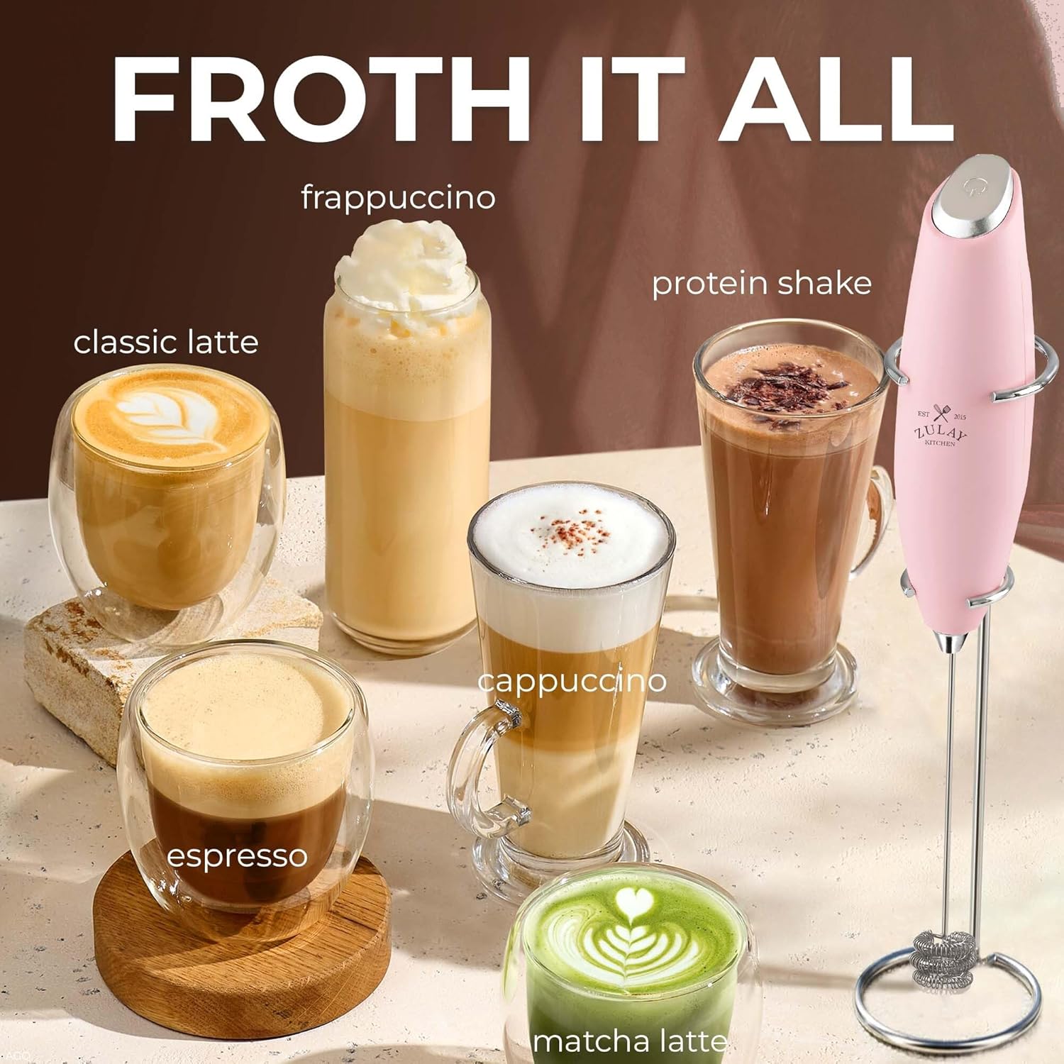 Zulay Kitchen Patented Tornado Triple Whisk Milk Frother - Handheld Foam Maker for Coffee & Lattes - Includes 4 Duracell Batteries - Candy Color
