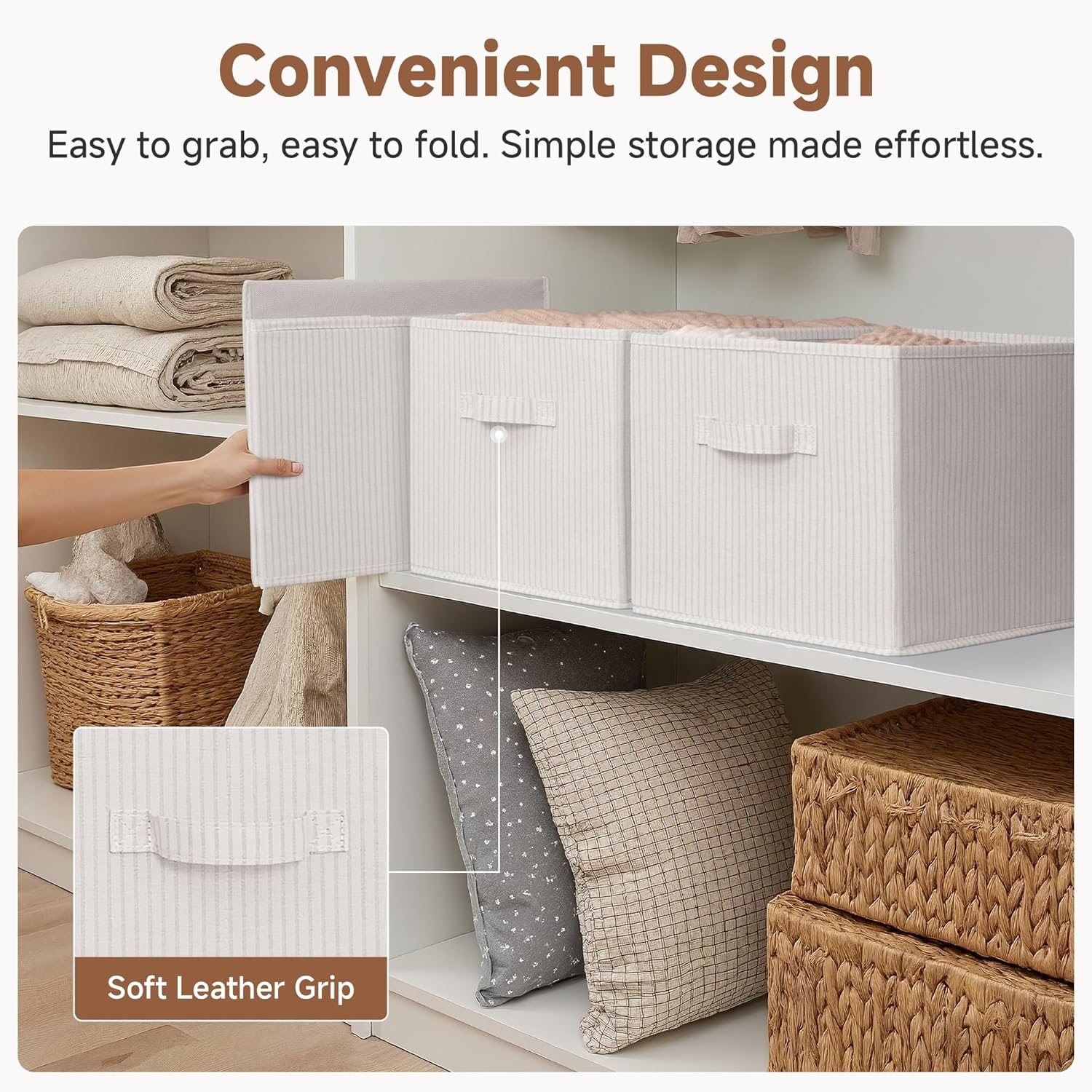 StorageWorks Foldable Shelf Organizer Bins - Extra Large Beige Striped Closet Storage Baskets | 3-Pack for Efficient Organization