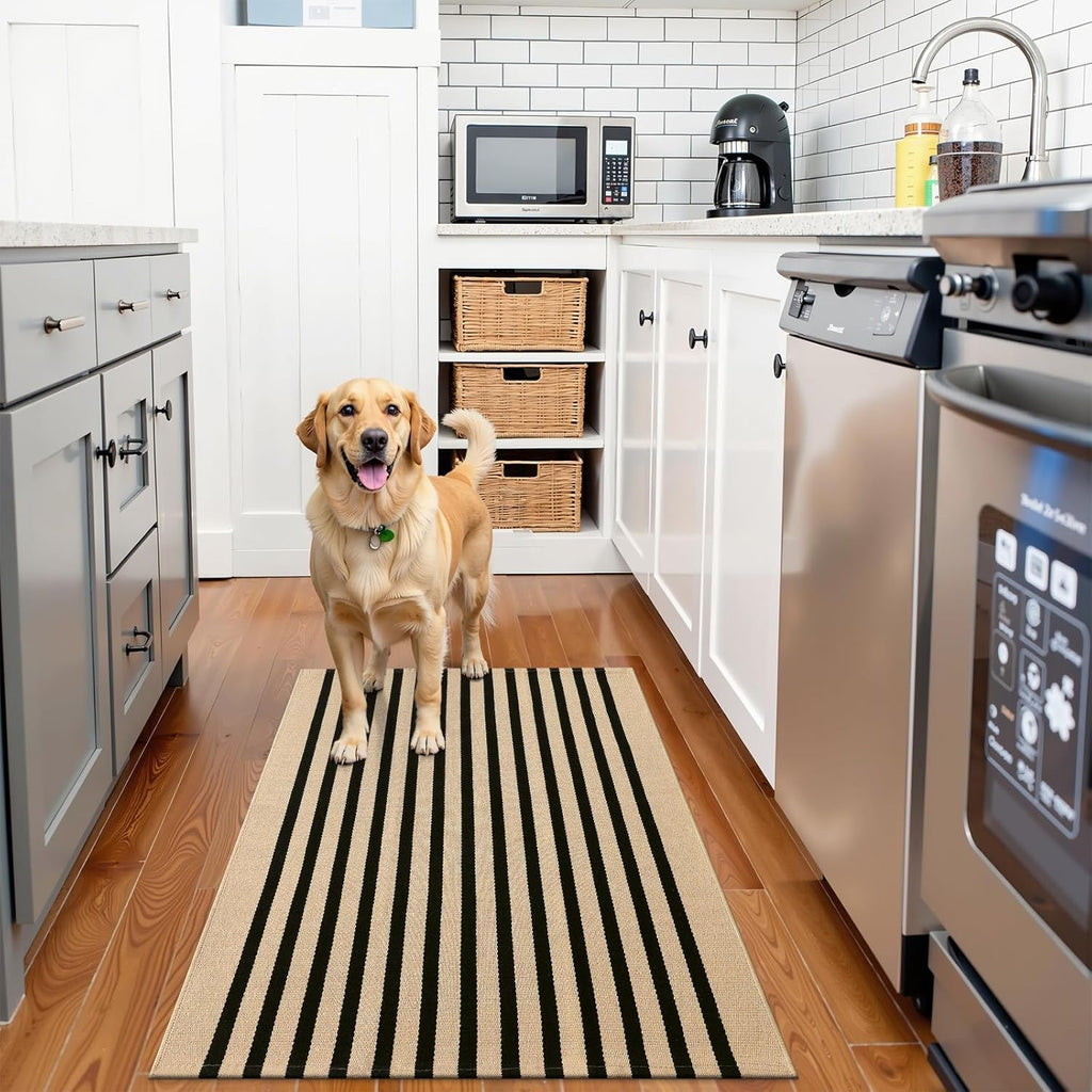 OLANLY Striped Rug - Washable Brown and Black Cotton Doormat | 2' x 3' for Indoor/Outdoor Use