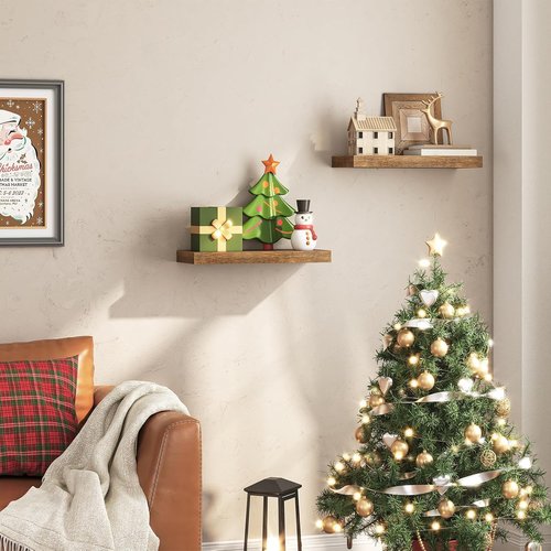 HOOBRO Floating Shelves - Wall-Mounted Shelf Set of 2 | 15.7" Rustic Brown Hanging Shelves for Home & Office