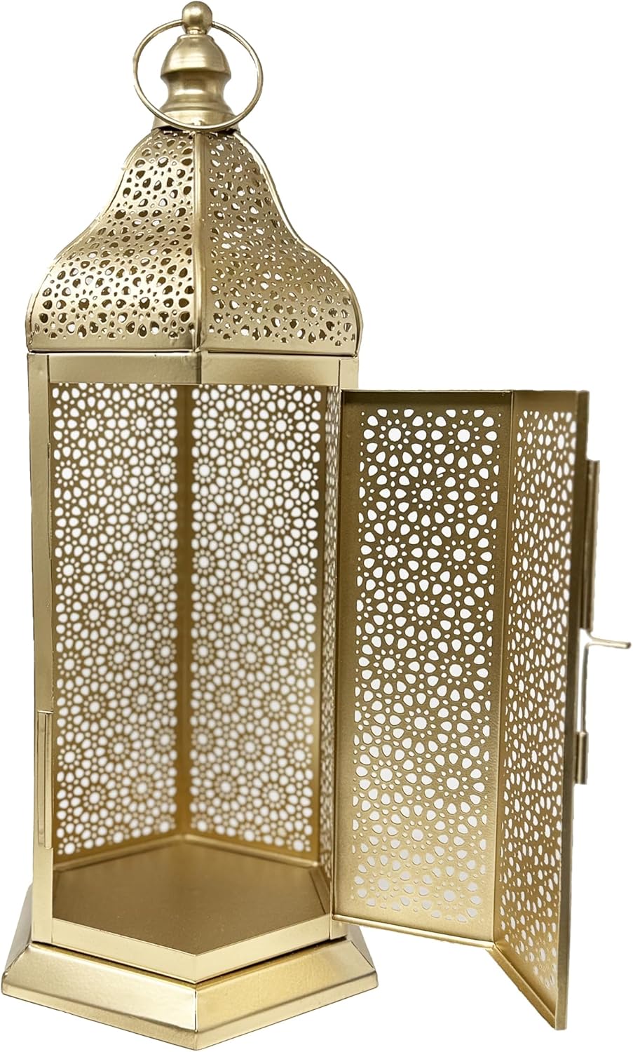 VELA Lanterns 16" Champagne Gold Moroccan Candle Lantern - Elegant Metal Hexagon for Table or Hanging Decor