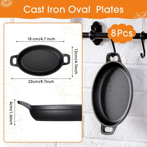 Mifoci 8 Pack Mini Cast Iron Fajita Skillet, 7.1" x 4.7" Oval Sizzling Steak Plate Pan Small Ramekin Set Black Casserole Dish for Stove Oven Grill Restaurant Kitchen Indoor Outdoor Picnic