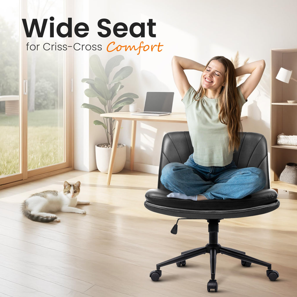 NEO CHAIR Criss Cross Chair with Wheels Armless Cross Legged Office Desk Wide Comfy Vanity Makeup Chair Adjustable Swivel Rolling Computer for Home Office PU Leather (Black)