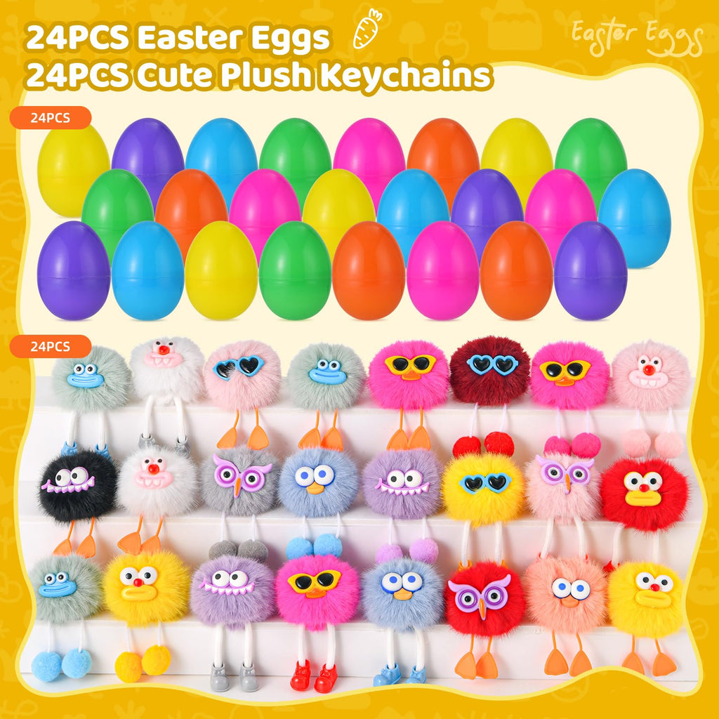EFLSJIO 24 Pack Prefilled Easter Eggs with Kids Keychains Plush Toy Cute Keychains for Kid Boys Girls for Easter Egg Fillers, Easter Basket Stuffers Party Favor Gifts