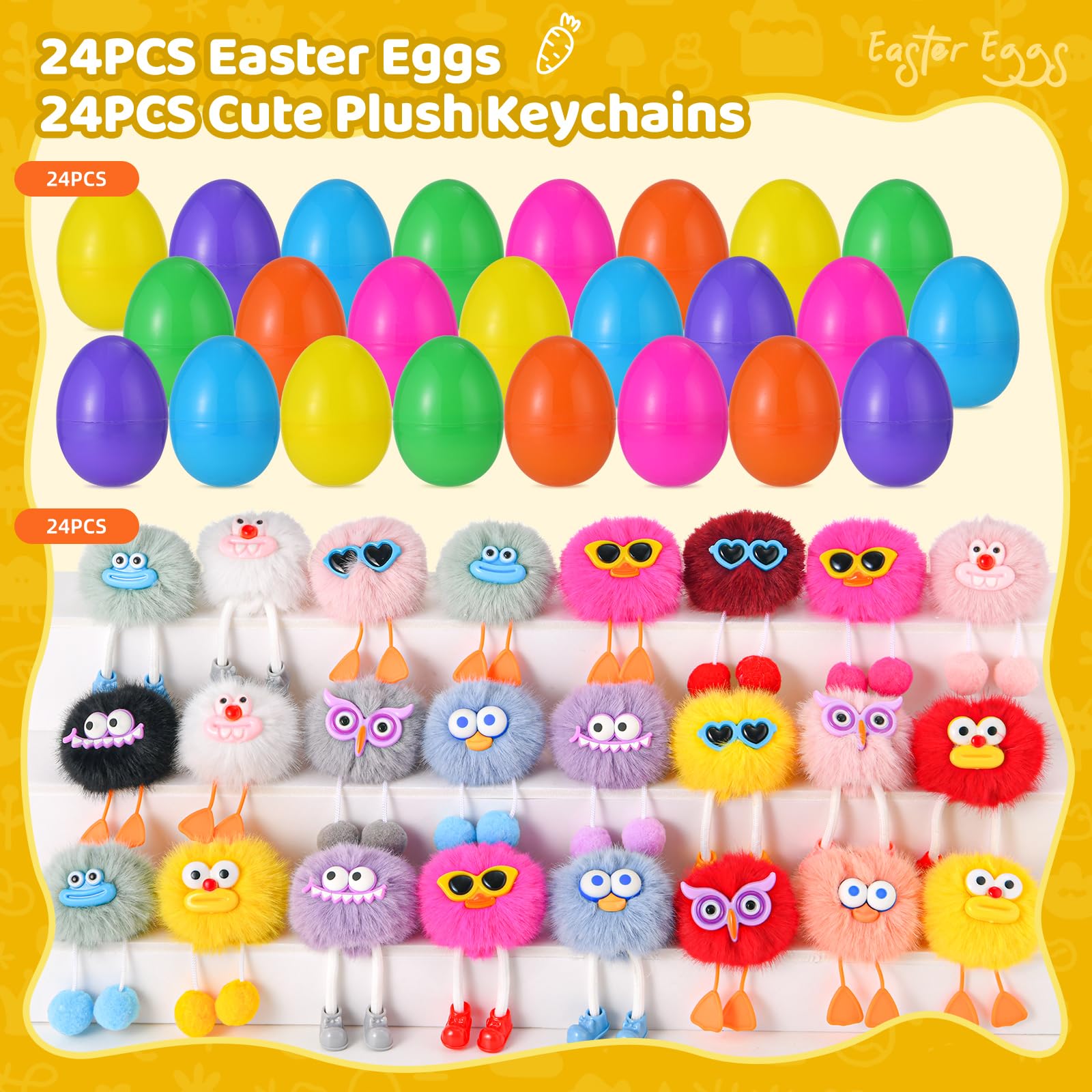 EFLSJIO 24 Pack Prefilled Easter Eggs with Kids Keychains Plush Toy Cute Keychains for Kid Boys Girls for Easter Egg Fillers, Easter Basket Stuffers Party Favor Gifts