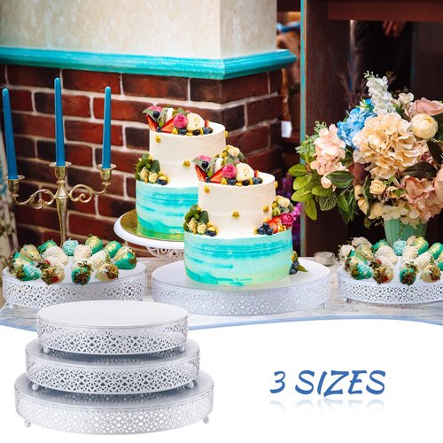 Wenqik 3 Pcs Cake Stand 16'' 14'' 12'' Round Metal Cake Stand Bases Display Holder Cookies Fruit Serving Tray Candy Display Plate Cupcake Dessert Pastry Riser for Wedding Birthday Party (White)