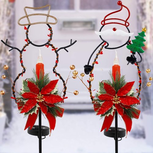 FORUP Solar Christmas Yard Decorations - LED Solar Powered Candle Pathway Lights | Set of 2 Snowman & Santa Ornaments