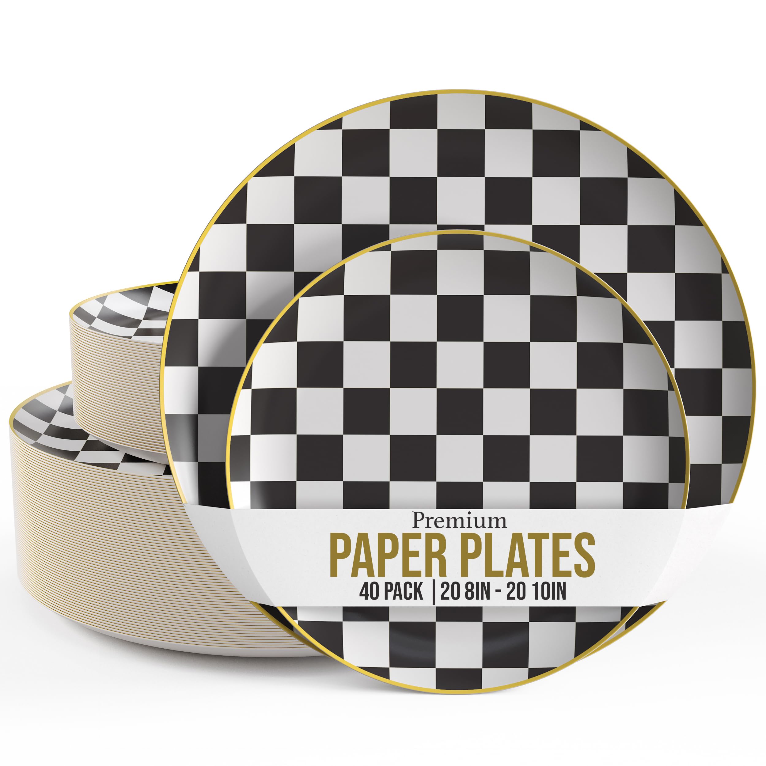 Trendables Heavy Duty Paper Plates Bulk 40 Pcs Disposable Party Plates - 20 X 8 Inch Dessert Plate & 20 X 10 Inch Paper Plate Checkered decor, black and white party decorations, race car decorations