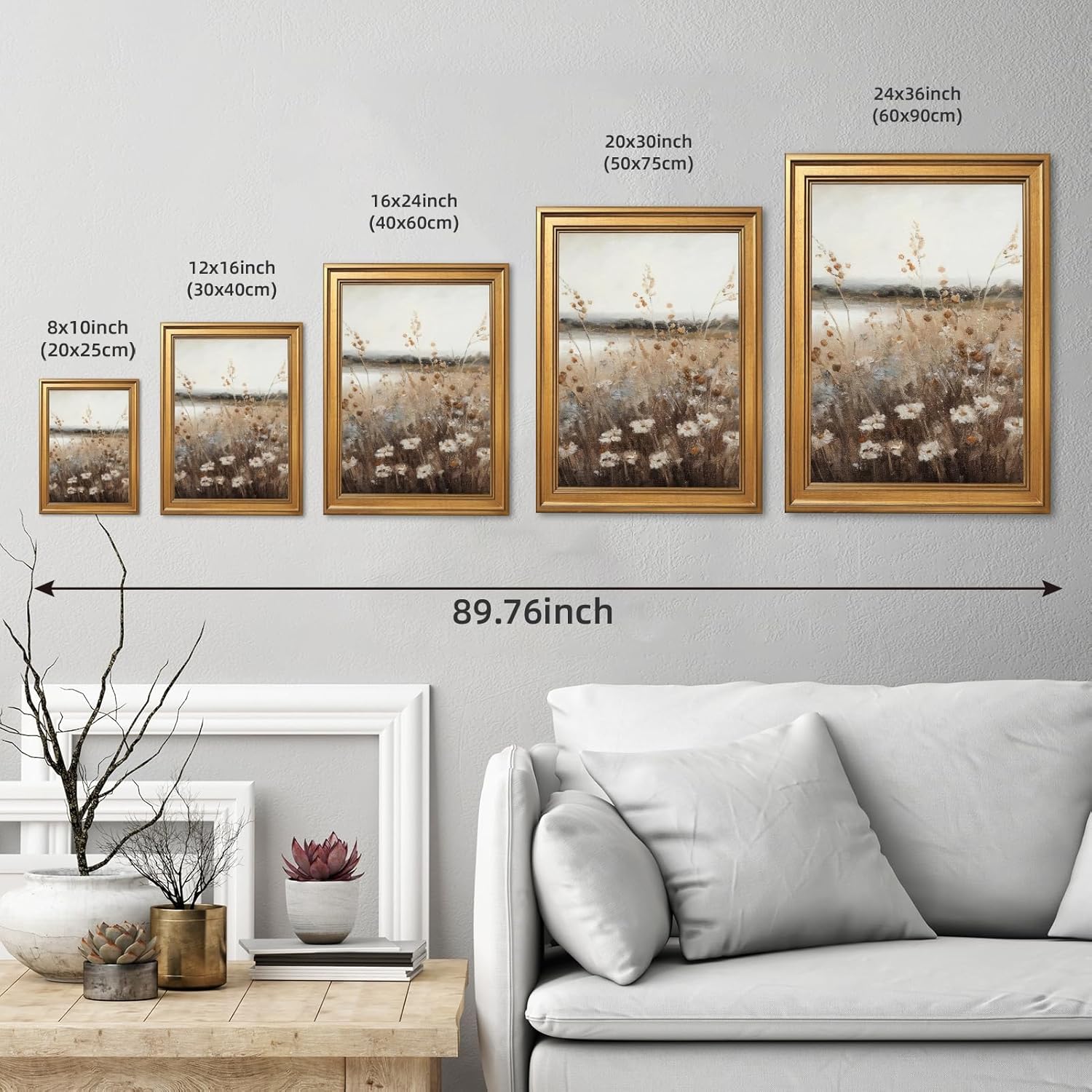 Vintage Meadow Wall Art Canvas Print - Rustic Wildflower Landscape Painting | 12x16 Inch Bronze Framed Decor