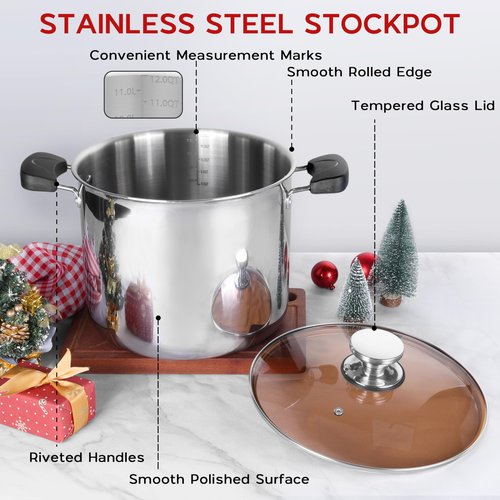 Onader Large Stainless Steel Stock Pot for Cooking, 12 Quart Big Soup Pot with Lid & Anti-Scald Handles, Tri-Ply Induction Stockpot