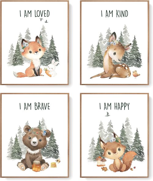 LARTSFRO Woodland Nursery Animals Wall Art - Cute Forest Decor for Kids | Set of 4 Unframed 10x8 Inch Posters