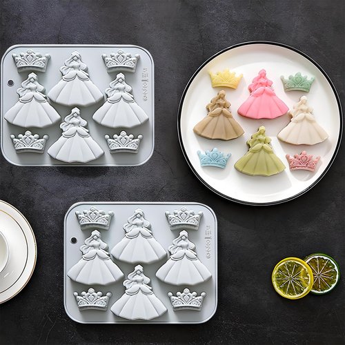 3D Silicone Crown Fondant Molds, 2 Pcs Princess-style Crown and Dress Shaped Baking Molds for Chocolate, Candy, Cookie, Jelly, Cupcake Topper, 7.13 x 5.63 Inches