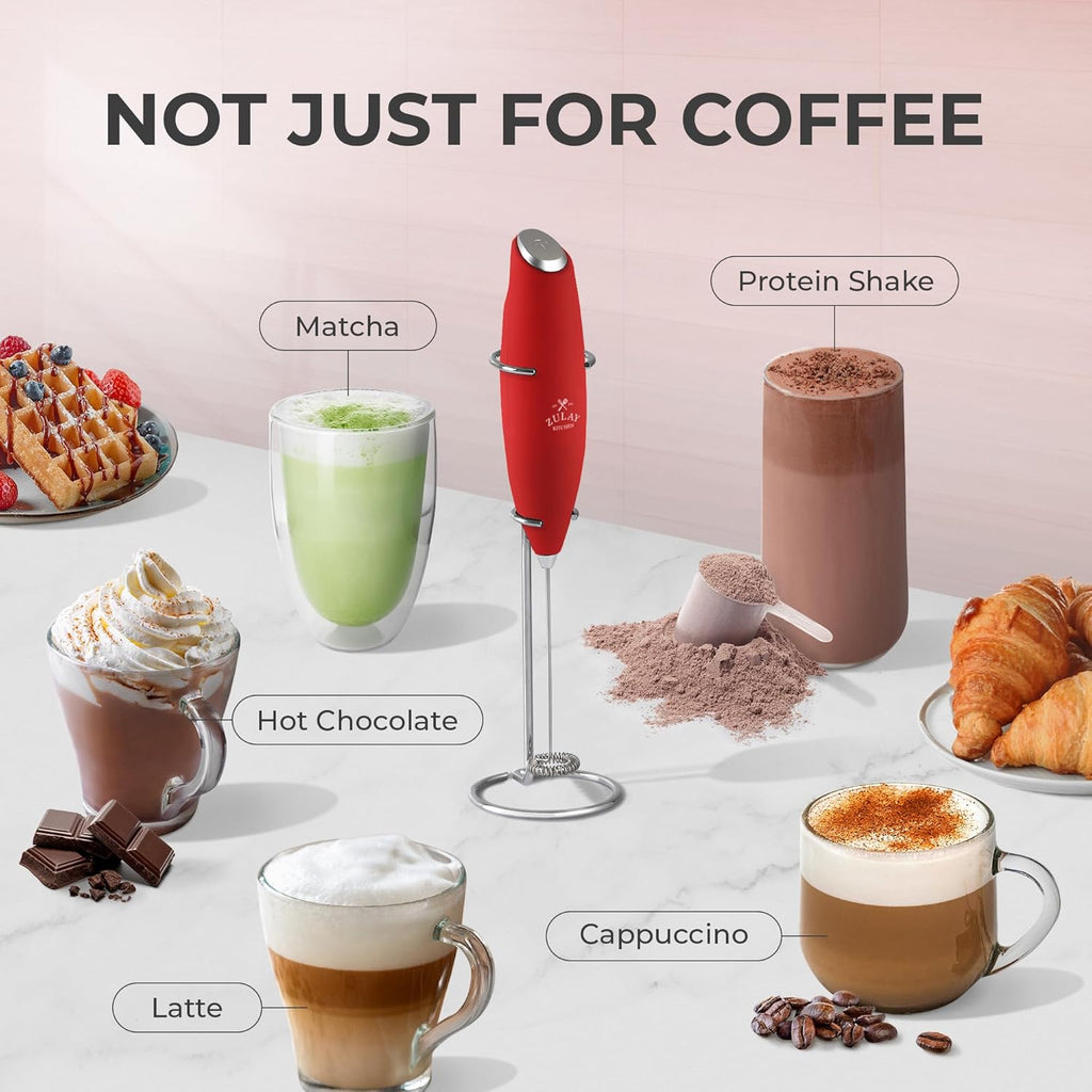 Zulay Kitchen Milk Frother Wand - Ultra-Fast Handheld Mixer for Coffee & Lattes - Cardinal Red