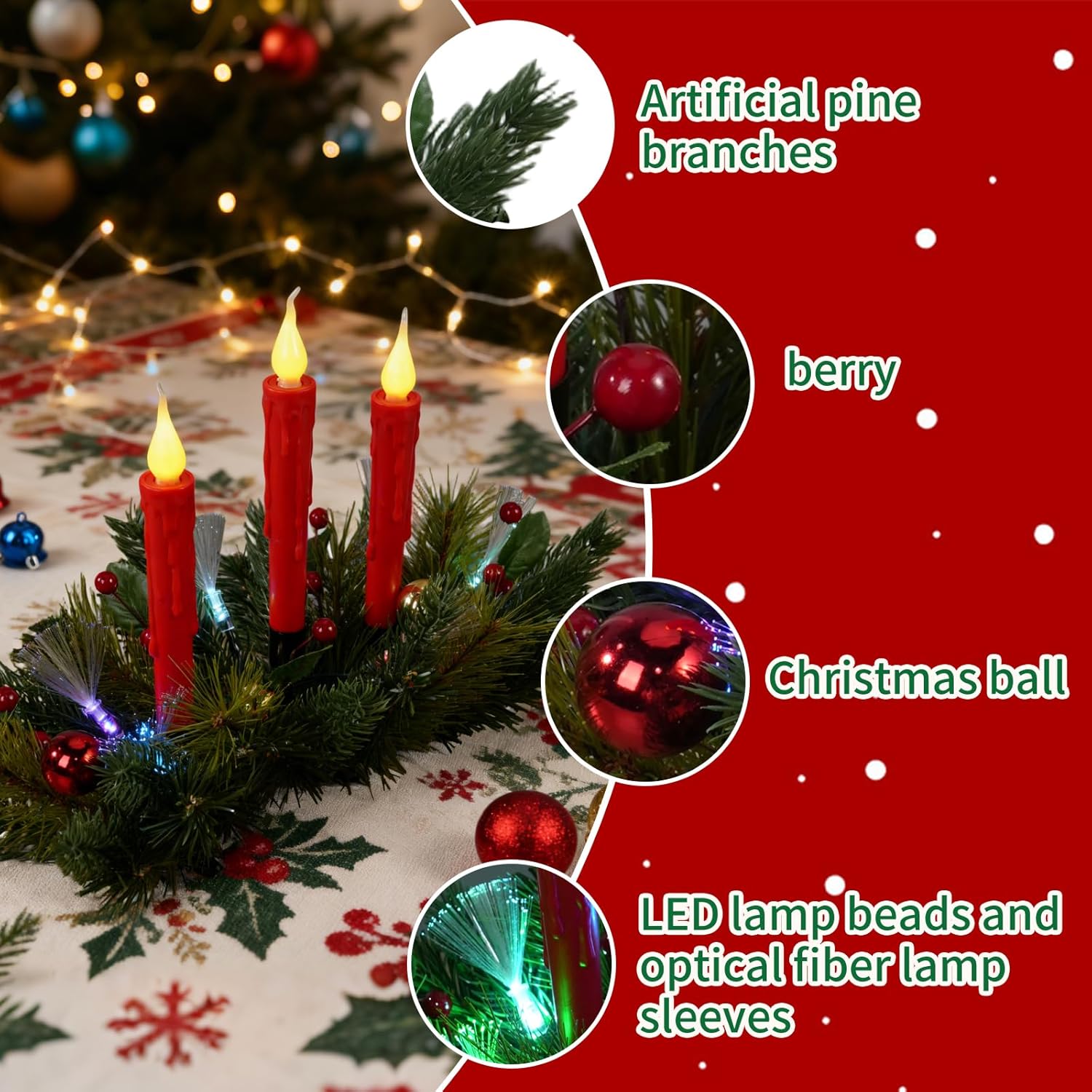 Aokudoni Christmas Table Centerpieces - Artificial Pine Branches, Berries & Candles for Indoor Decor