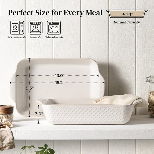 DOWAN 9x13 Deep Lasagna Baking Dish - Durable Ceramic Casserole Pan, 4 Quarts, Oven Safe, Arctic White