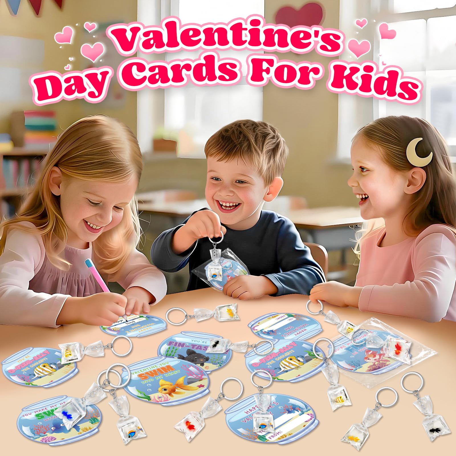 Valentines Day Cards for Kids School, 24 Pack Valentine's Day Gifts for Kids with Resin Fish Charms Classroom Exchange Gifts, 3D Fish Water Bag Charms Valentine Party Favors Prizes for Boys & Girls